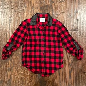 Red and black plaid flannel with black leather trim size 5